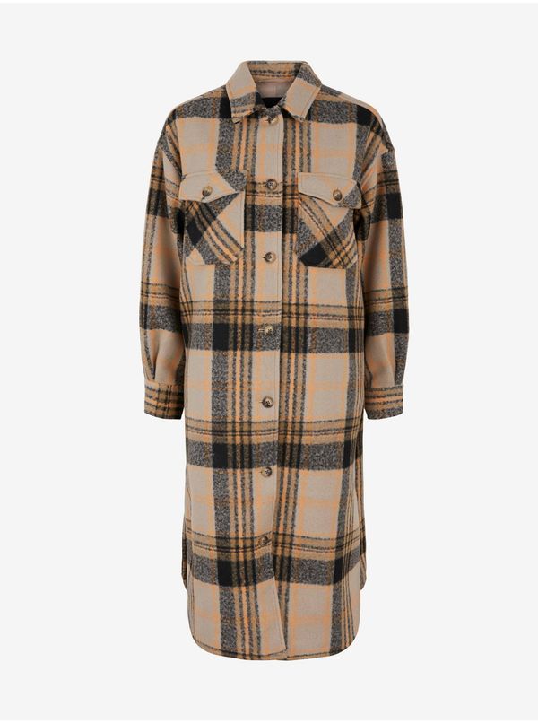 Pieces Brown Long Plaid Oversize Shirt Jacket Pieces Finola - Women's