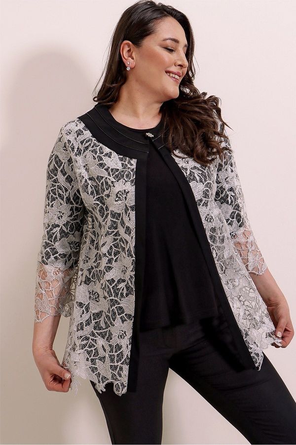 By Saygı By Saygı 2-Piece Set Gray Inner Lycra Blouse Brooch Lace Jacket Plus Size