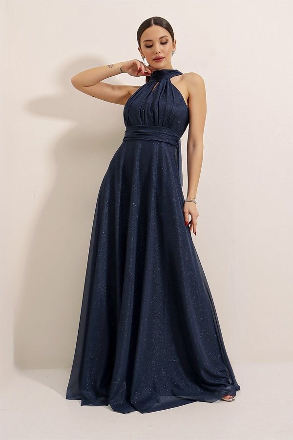 By Saygı By Saygı Barbell Neck Lined Glittery Long Dress Navy Blue