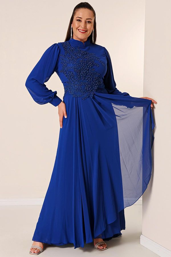 By Saygı By Saygı Bead Embroidered Lined Flounce Front Plus Size Long Chiffon Dress
