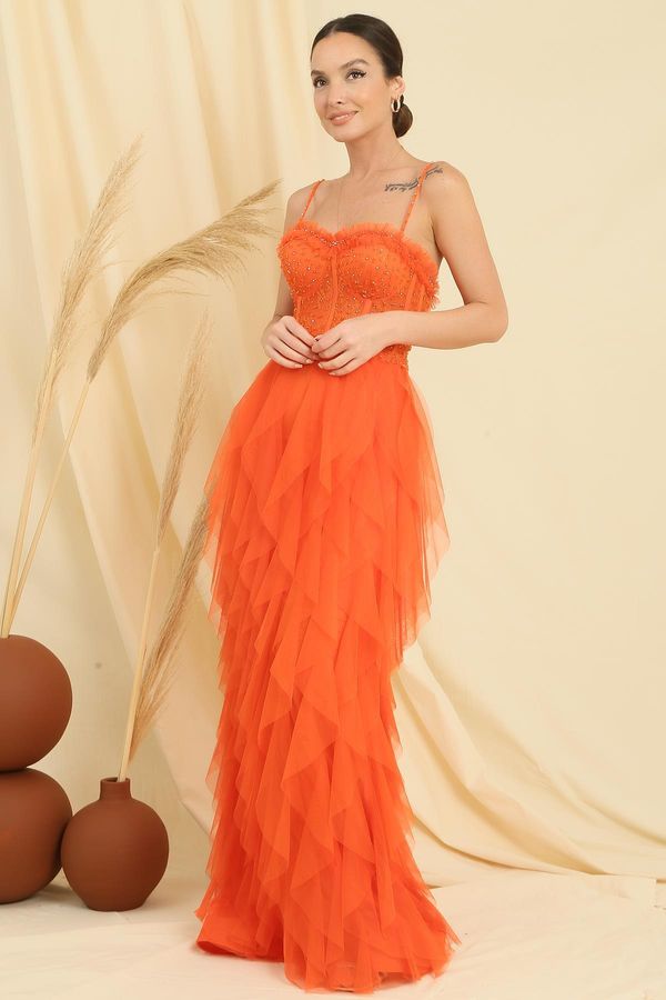 By Saygı By Saygı Bead Rope Strapless Strapless Handkerchief Fringed Lined Long Tulle Dress