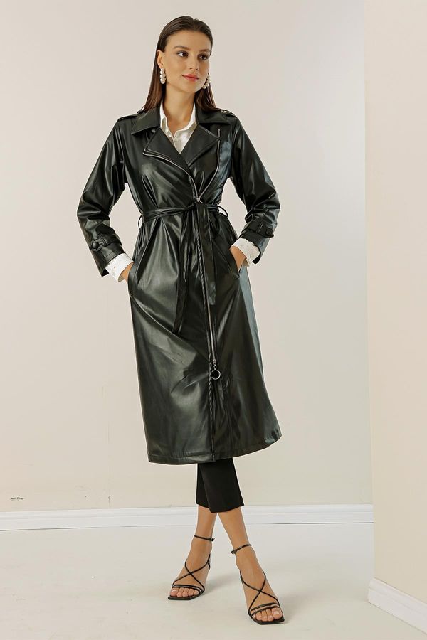 By Saygı By Saygı Belted Waist Lined Faux Leather Trench Coat with Side Pockets.