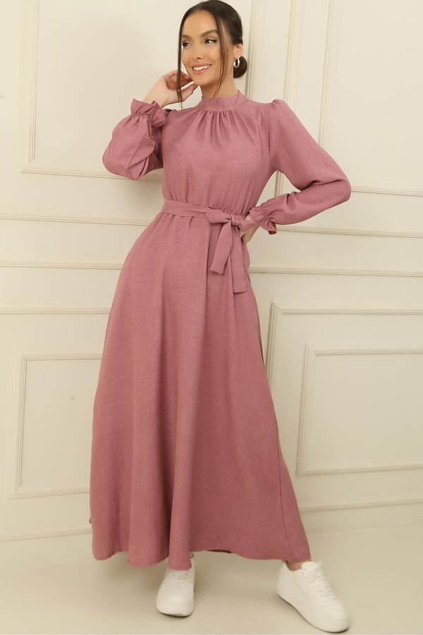 By Saygı By Saygı Belted Waist Linen Effect Long Dress with Side Pockets