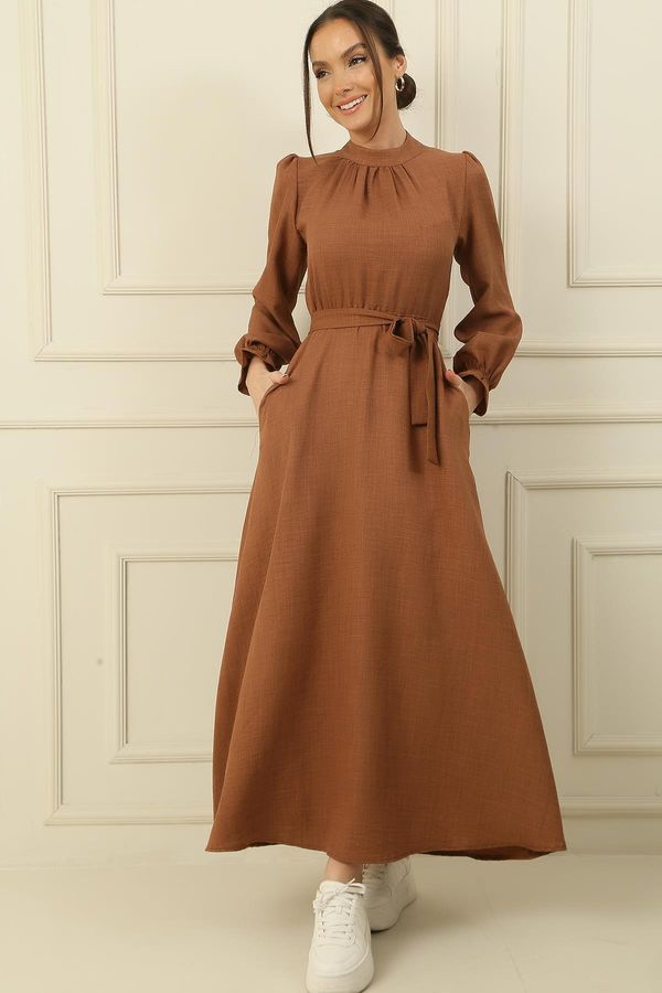 By Saygı By Saygı Belted Waist Linen Effect Long Dress with Side Pockets