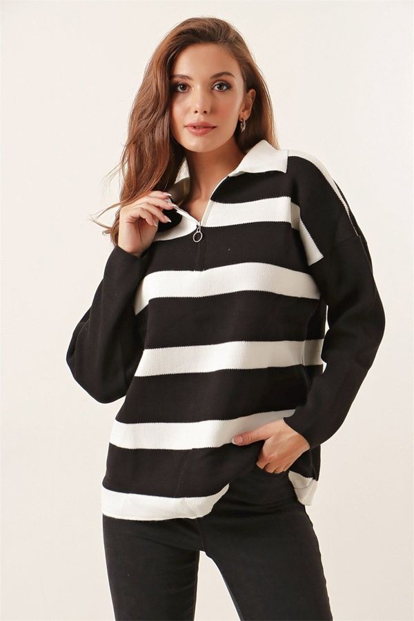By Saygı By Saygı Black Striped Zipper Acrylic Sweater
