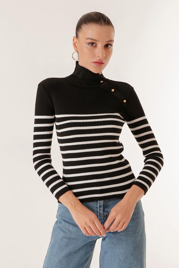 By Saygı By Saygı Blazer Striped Shoulder Embellishment Buttoned Turtleneck Sweater