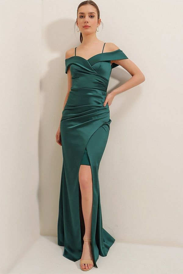 By Saygı By Saygı Boat Neck Skirt Pleated Lined Long Dress In Satin Emerald