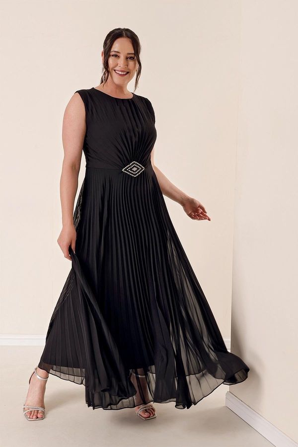 By Saygı By Saygı Buckled Waist Pleated Lined B.b. Chiffon Long Dress Black
