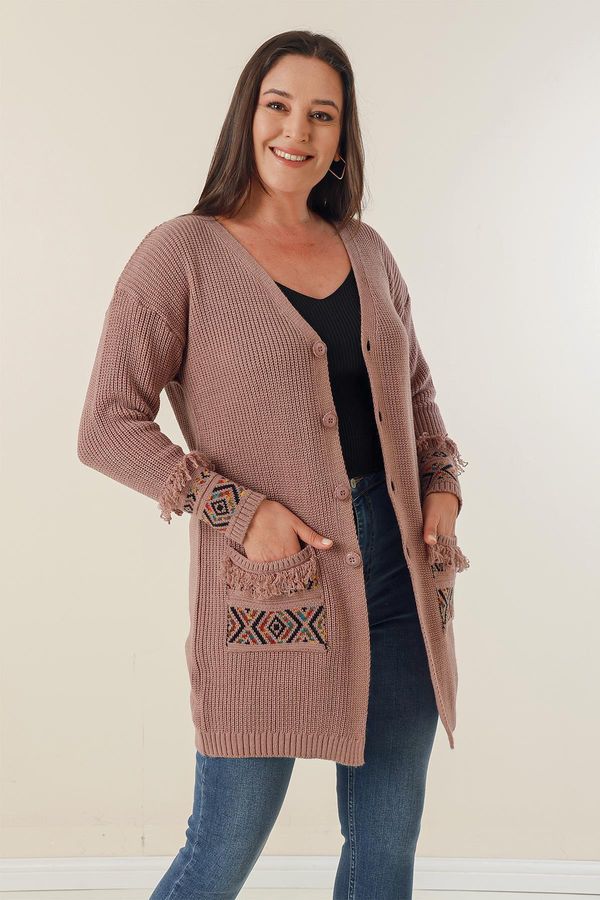 By Saygı By Saygı Button-up Front, Tassels Patterned Plus Size Cardigan with Pockets And At The Ends Of The Sleeves.