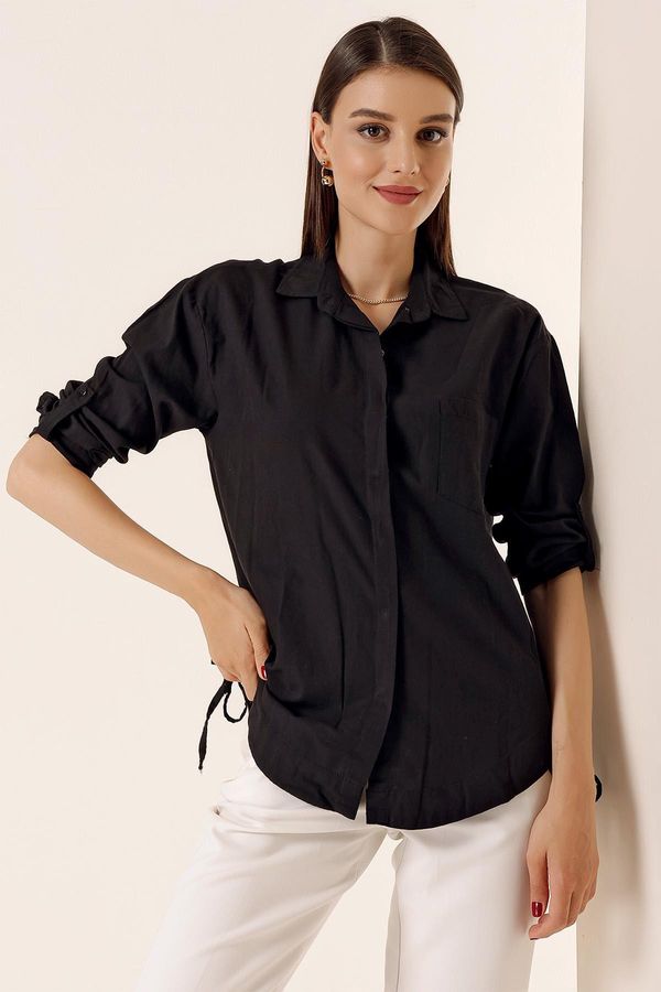 By Saygı By Saygı Buttoned Sleeves Single Pocket Shirt with Lace Up Sides