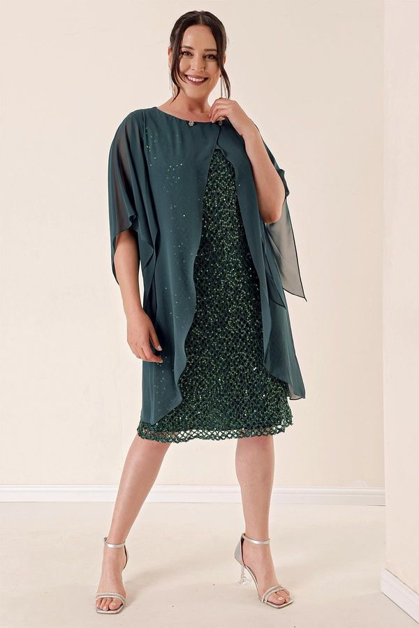 By Saygı By Saygı Chiffon Cape Lined Stuffed Plus Size Dress Emerald