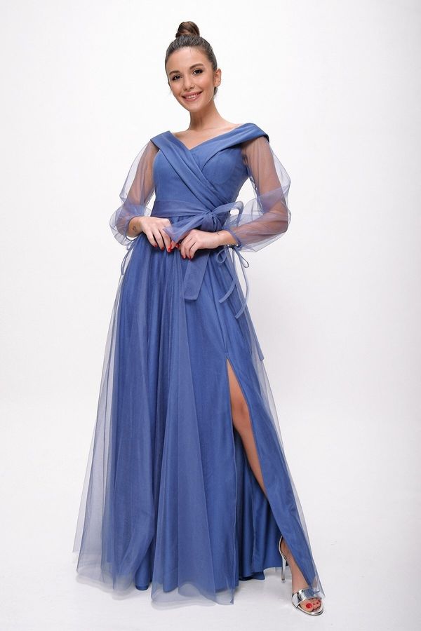 By Saygı By Saygı Dark Blue Laced Balloon Sleeve Tulle Long Evening Dress