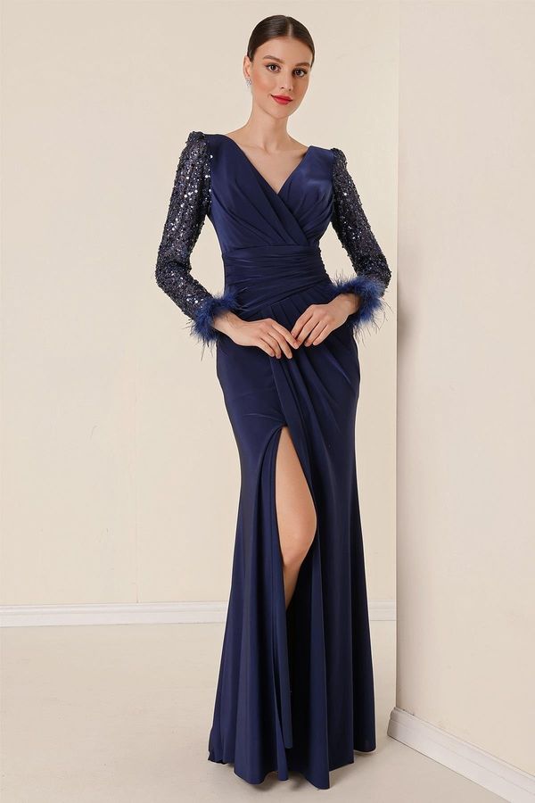By Saygı By Saygı Double Breasted Collar Front Draped Sleeves Sequin Feather Detailed Lined Lycra Long Dress Navy Blue