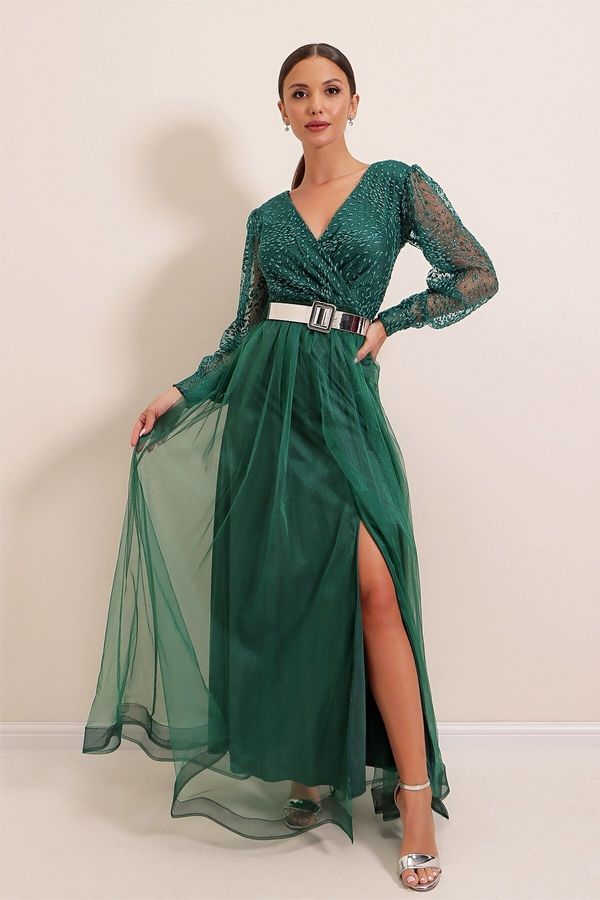 By Saygı By Saygı Double-breasted Collar Long Sleeves Lined With Belt, Zip-Up Long Dress Emerald