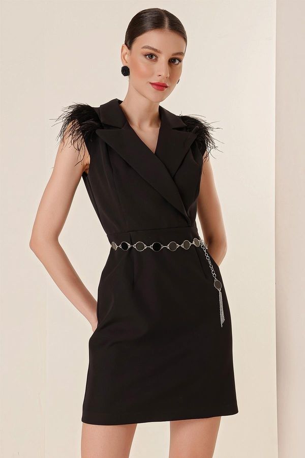 By Saygı By Saygı Double Breasted Neck Feather Detailed Belted Dress Black