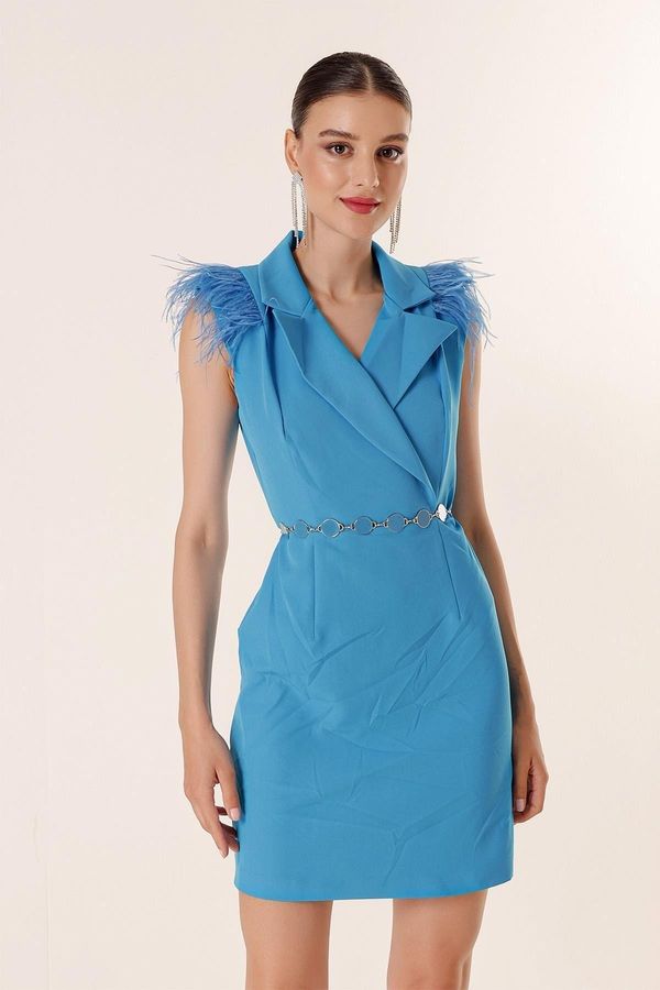 By Saygı By Saygı Double Breasted Neck Feather Detailed Belted Dress Blue
