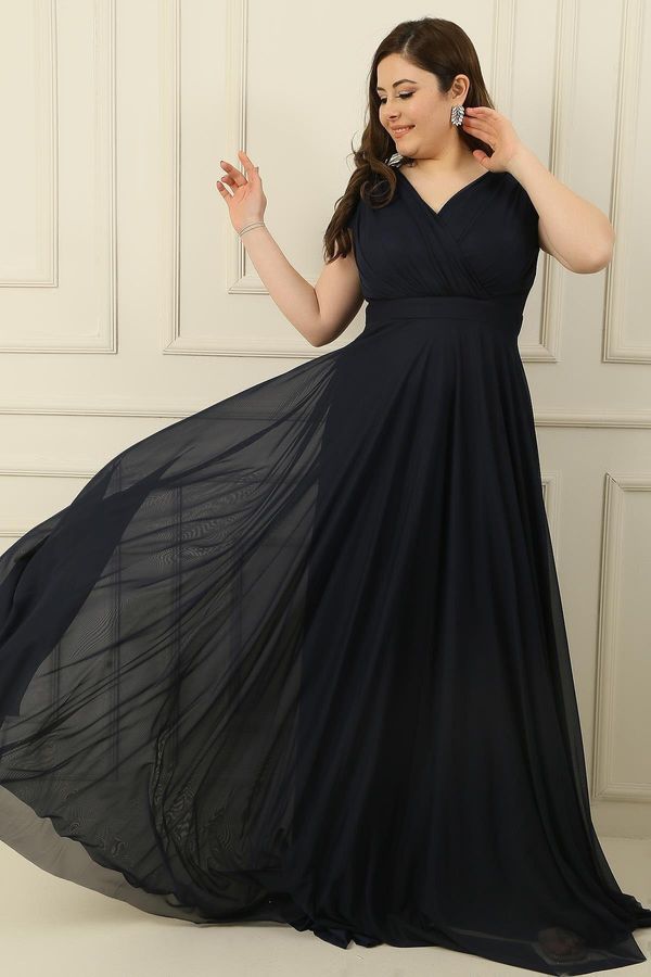 By Saygı By Saygı Double Breasted Neck Lined Nail Sleeve Full Circle Flared Chiffon Tulle Plus Size Long Dress
