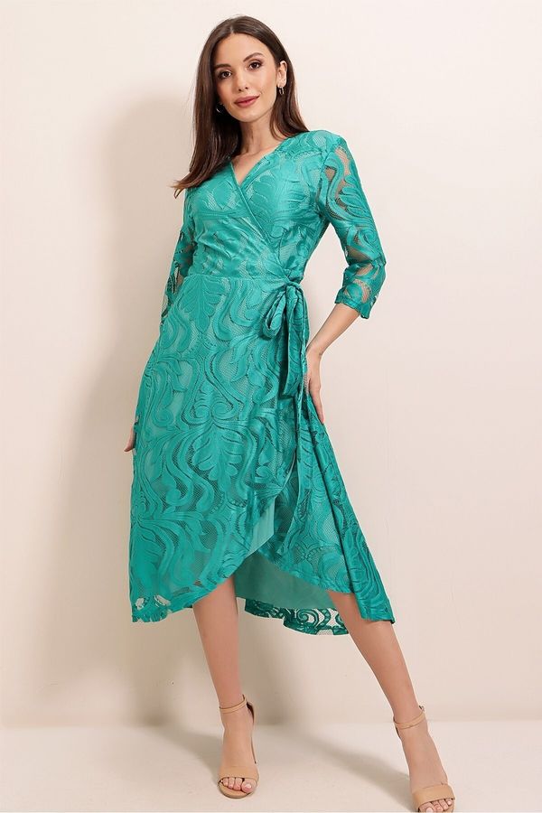 By Saygı By Saygı Double Breasted Neck Lined Wrapped Lace Dress Turquoise
