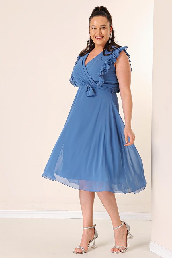 By Saygı By Saygı Double Breasted Neck Pleated Waist Belted Lined Chiffon Plus Size Dress