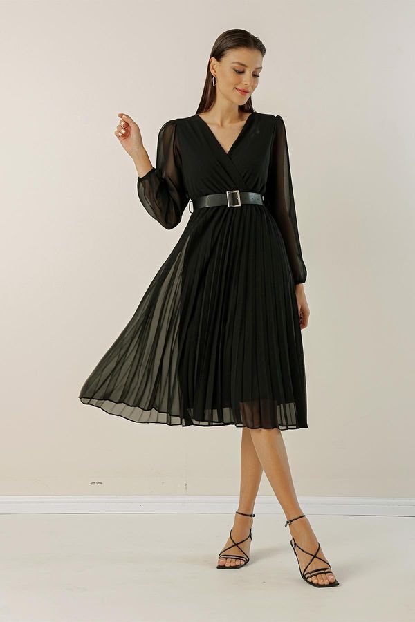 By Saygı By Saygı Double Breasted Neck Waist Belted Pleated Lined Chiffon Dress