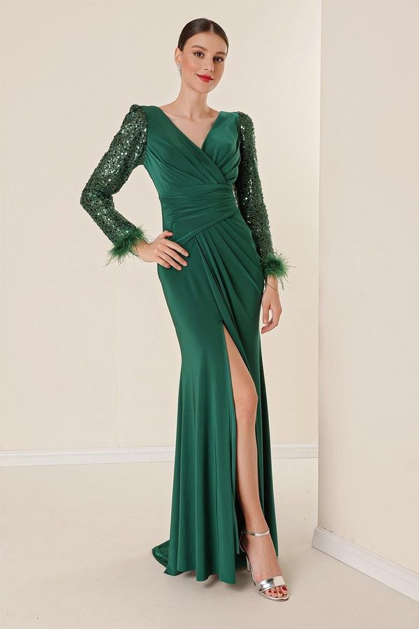 By Saygı By Saygı Double Breasted Neckline Front Draped Sleeves Sequin Feather Detailed Lined Lycra Long Dress Emerald