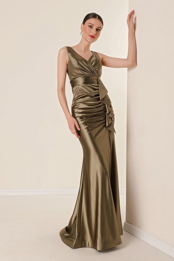 By Saygı By Saygı Draped Front Flounce Lined Wide Size Long Satin Dress