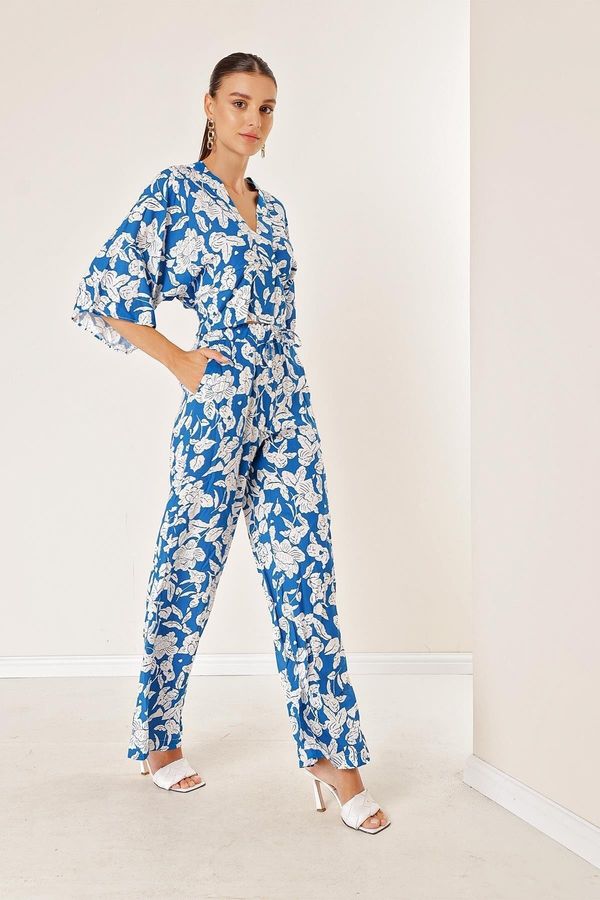 By Saygı By Saygı Elastic Waist, Pocket Palazzo Pants Front Back V-Neck Crop Pattern Double Suit Blue