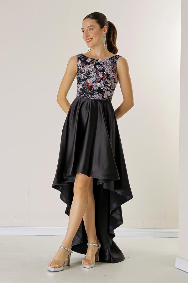 By Saygı By Saygı Embroidered Sequins Floral Top Short Front Long Back Long Lined Satin Long Dress