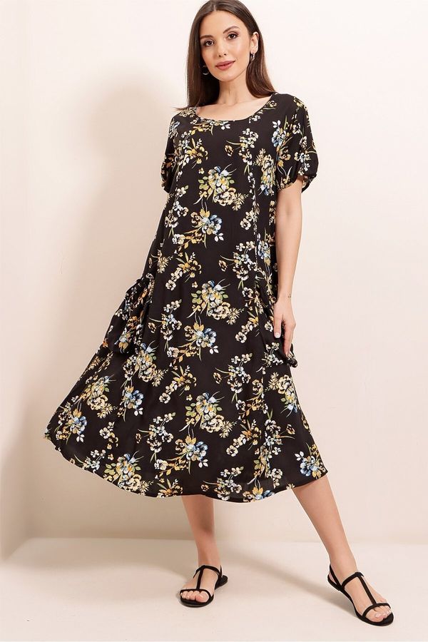 By Saygı By Saygı Floral Pattern Elastic Pocket Oversize Viscose Dress Black