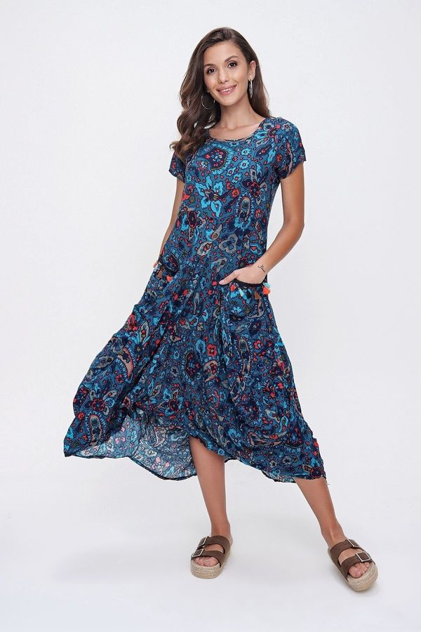 By Saygı By Saygı Floral Pattern Tasseled Double Pocketed Asymmetrical Dress Blue