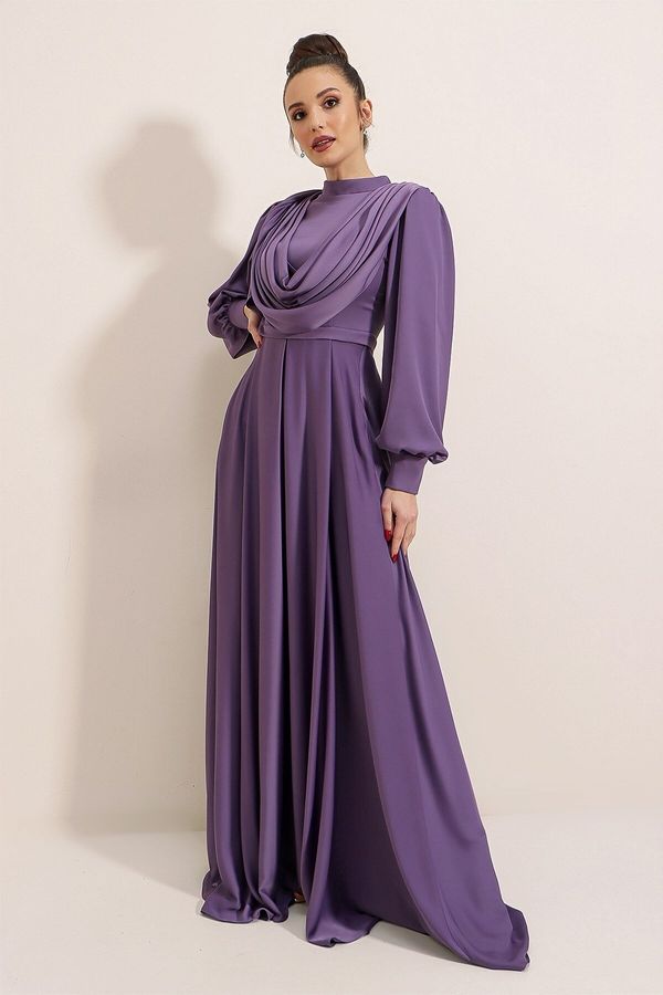 By Saygı By Saygı Flowing Front Sleeves Button Detailed Lined Long Satin Dress Lilac