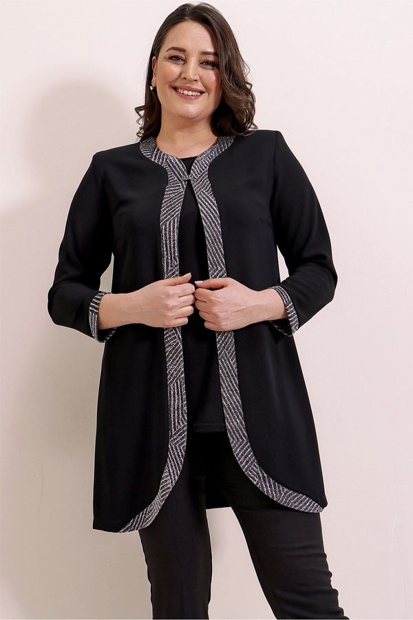 By Saygı By Saygı Front And Sleeve Ends Silvery Crepe Inner Jacket Lycra Blouse Plus Size 2 Set Black