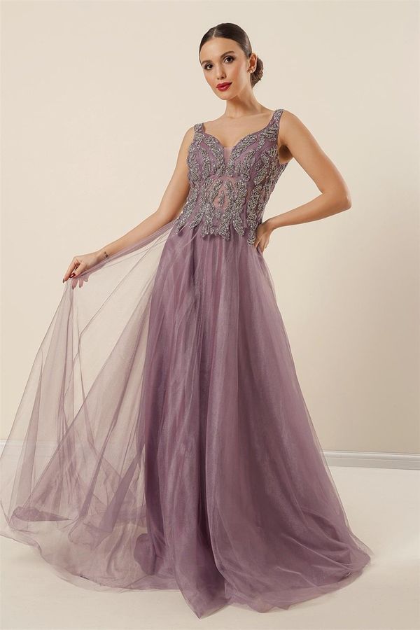 By Saygı By Saygı Front Back V-Neck Beaded Lined Long Tulle Dress Lilac