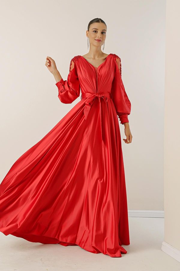 By Saygı By Saygı Front Back V-Neck Front Draped Waist Belted Sleeves Tulle Bead Detailed Lined Long Satin Dress