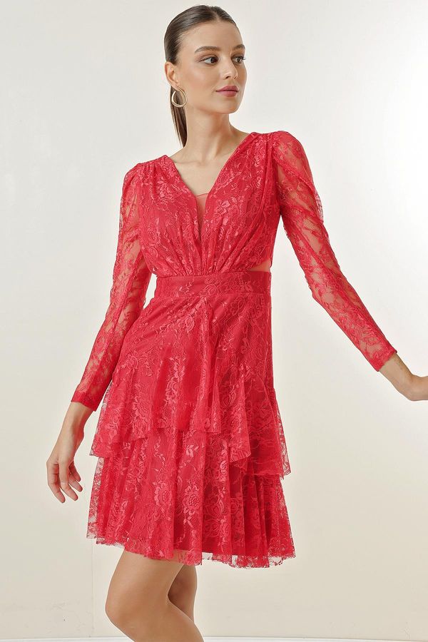 By Saygı By Saygı Front Back V-Neck Lined Lace Tiered Short Dress