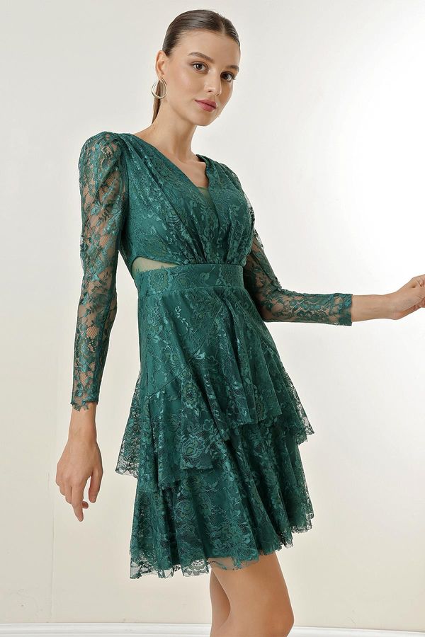 By Saygı By Saygı Front Back V Neck Lined Tiered Lace Short Dress