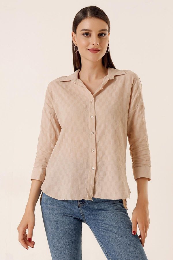 By Saygı By Saygı Front Buttoned Polo Collar Folded Sleeves Buttoned Shirt Beige