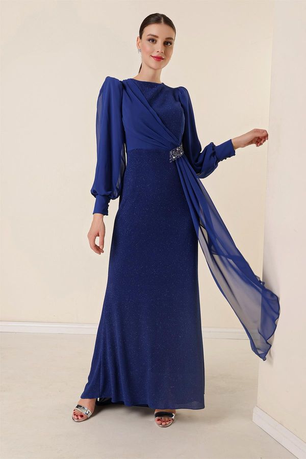 By Saygı By Saygı Gemstone Accessory Lycra Chiffon Detail Lined Long, Glittery Wide Body Evening Dress.