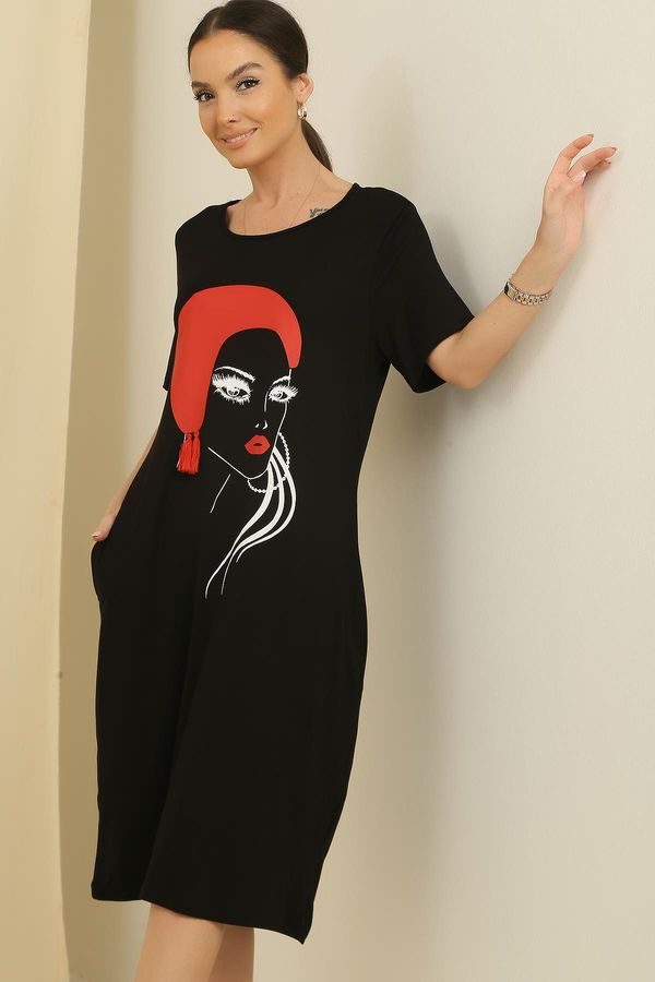 By Saygı By Saygı Girl Front Printed Pocket Short Sleeve Oversize Round Viscose Dress