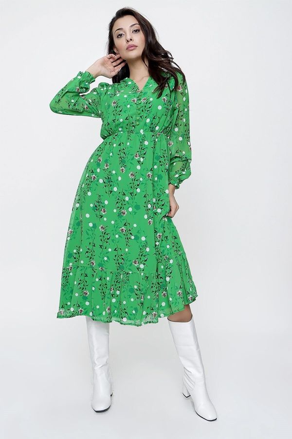 By Saygı By Saygı Green Chiffon Dress With Half Button Front Elastic Waist Lined Floral Chiffon Dress