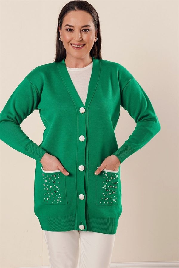 By Saygı By Saygı Green Plus Size Acrylic Cardigan With Bead And Stone Detailed Front Buttoned Pockets