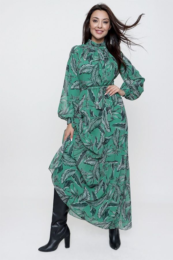 By Saygı By Saygı Green Top Pleated Long Leaf Patterned Waist Belted Lined Long Chiffon Dress