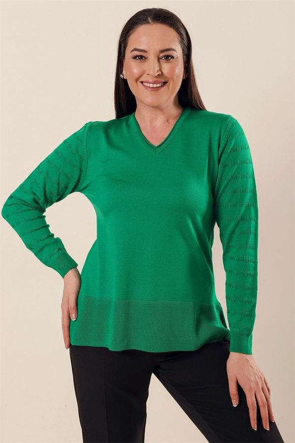 By Saygı By Saygı Green V-Neck Sleeve Patterned Plus Size Acrylic Sweater with Slits in the Sides