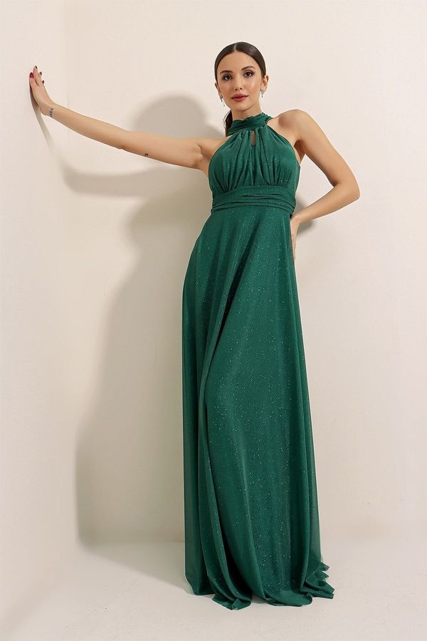 By Saygı By Saygı Halterneck Lined Glittery Long Dress Emerald