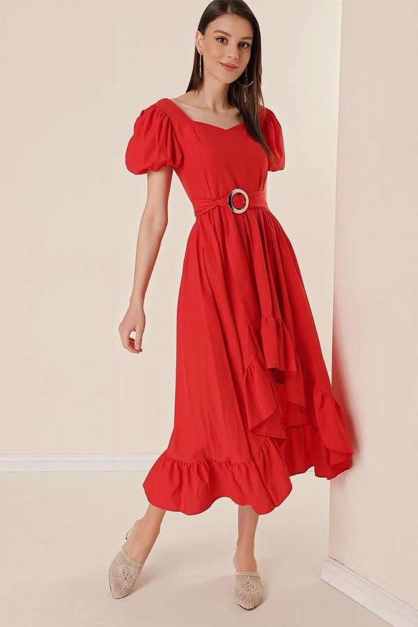 By Saygı By Saygı Heart Neck Belted Short Watermelon Sleeve Asymmetric Dress Red