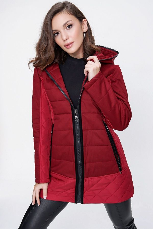 By Saygı By Saygı Hooded and Lined, Quilted Coat Wide Size Range Claret Red.