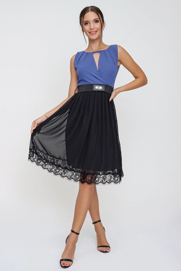 By Saygı By Saygı Indigo Pleated Belted Evening Dress with Guipure Skirt