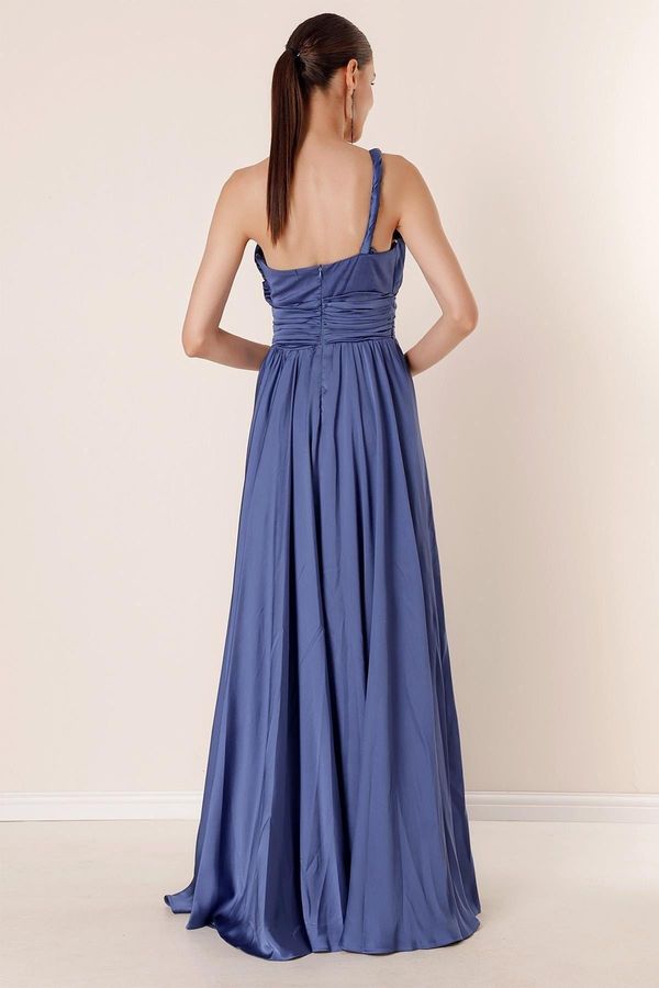 By Saygı By Saygı Knitting Single Strap Waist Pleated Lined Long Evening Dress with a Slit dark indigo.