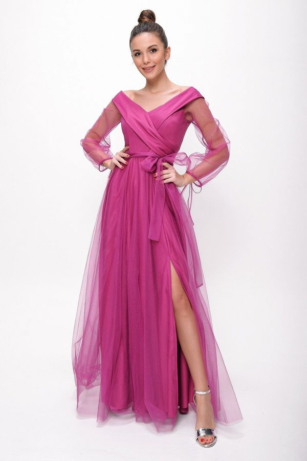 By Saygı By Saygı Lace-Up Balloon Sleeve Tulle Long Evening Dress Fuchsia