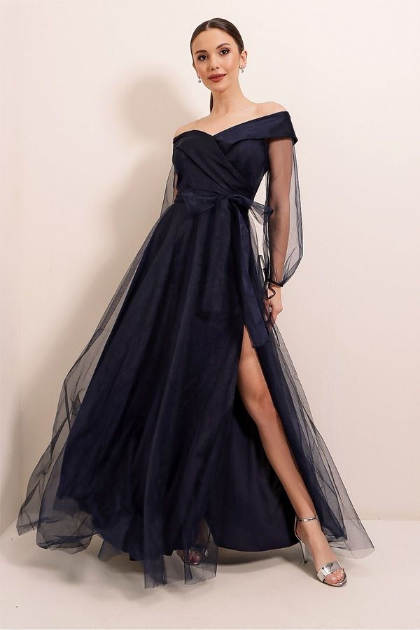 By Saygı By Saygı Lace-Up Balloon Sleeve Tulle Long Evening Dress Navy Blue